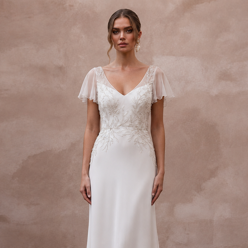 Elegant Chiffon Column Wedding Dress with Short Sleeves - Apparel & Accessories > Clothing > Wedding & Bridal Party Dresses > Wedding Dresses - Mignonette Bridal