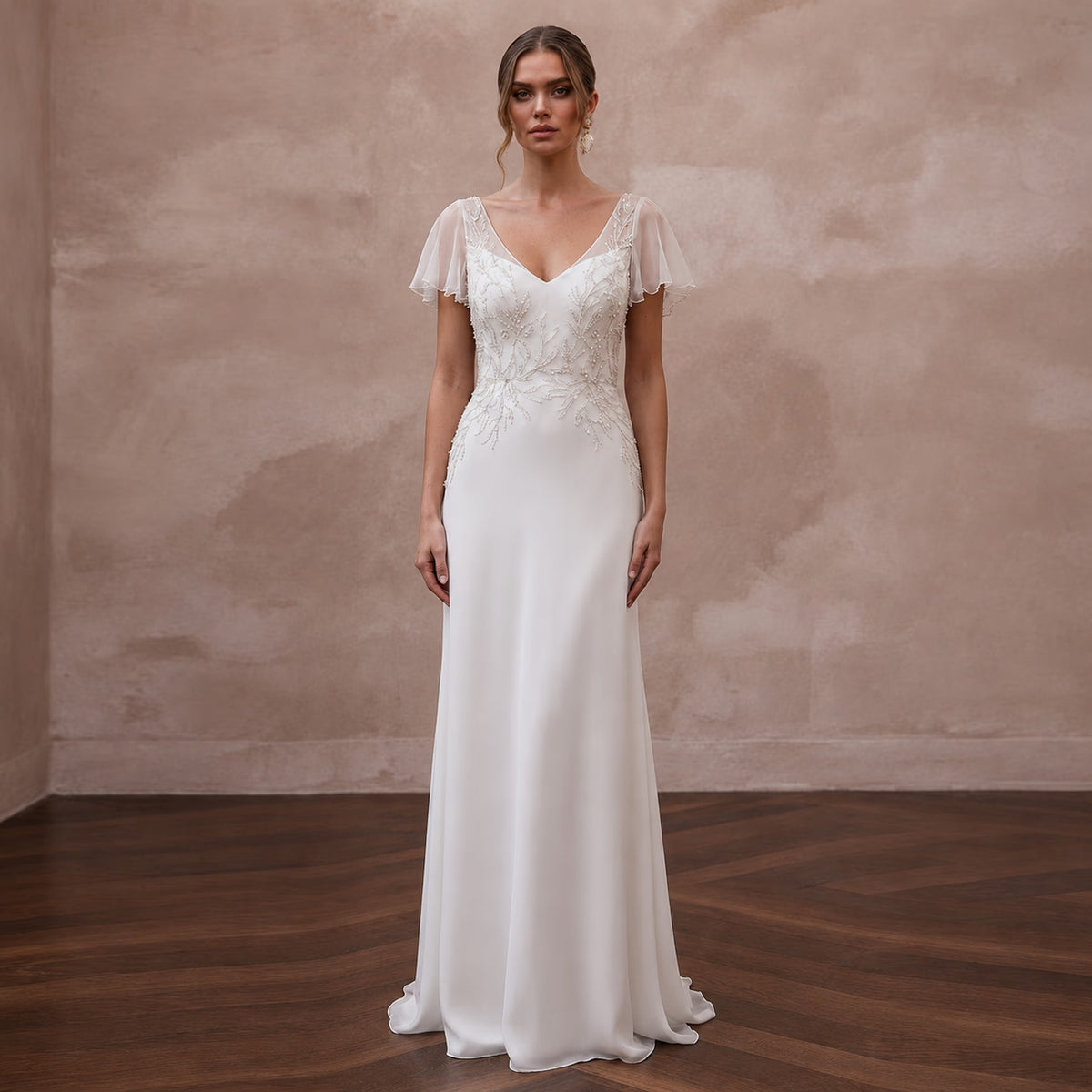 Elegant Chiffon Column Wedding Dress with Short Sleeves - Apparel & Accessories > Clothing > Wedding & Bridal Party Dresses > Wedding Dresses - Mignonette Bridal Main image