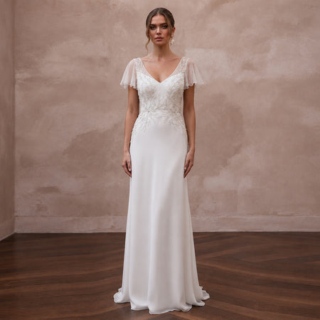Elegant Chiffon Column Wedding Dress with Short Sleeves - Apparel & Accessories > Clothing > Wedding & Bridal Party Dresses > Wedding Dresses - Mignonette Bridal