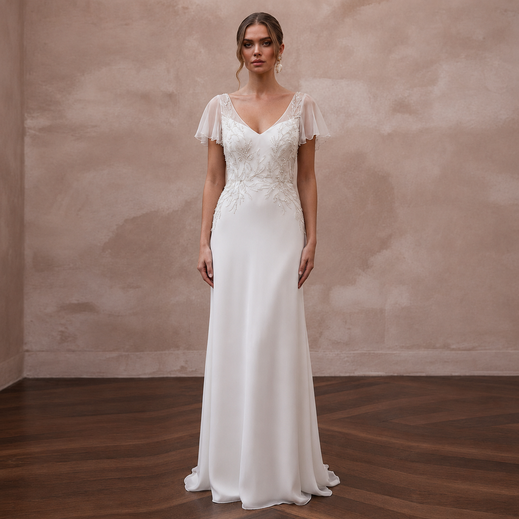 Elegant Chiffon Column Wedding Dress with Short Sleeves - Apparel & Accessories > Clothing > Wedding & Bridal Party Dresses > Wedding Dresses - Mignonette Bridal