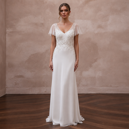 Elegant Chiffon Column Wedding Dress with Short Sleeves - Apparel & Accessories > Clothing > Wedding & Bridal Party Dresses > Wedding Dresses - Mignonette Bridal