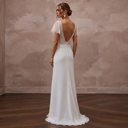 Elegant Chiffon Column Wedding Dress with Short Sleeves - Apparel & Accessories > Clothing > Wedding & Bridal Party Dresses > Wedding Dresses - Mignonette Bridal