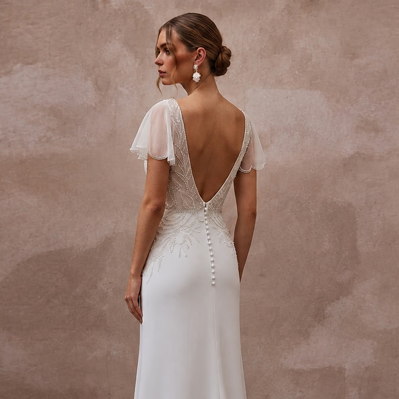 Elegant Chiffon Column Wedding Dress with Short Sleeves - Apparel & Accessories > Clothing > Wedding & Bridal Party Dresses > Wedding Dresses - Mignonette Bridal