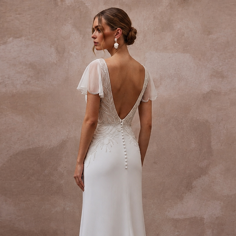 Elegant Chiffon Column Wedding Dress with Short Sleeves - Apparel & Accessories > Clothing > Wedding & Bridal Party Dresses > Wedding Dresses - Mignonette Bridal