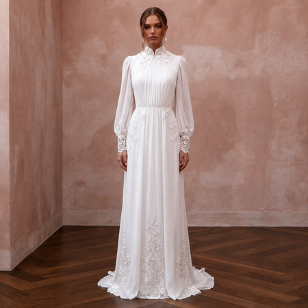 White chiffon wedding dress with high neck, long sleeves, embroidered lace bodice