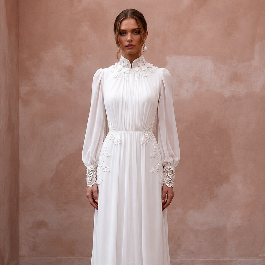 White long-sleeve wedding dress with high neck and floral embroidered waist