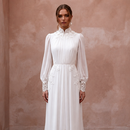 White long-sleeve wedding dress with high neck and floral embroidered waist