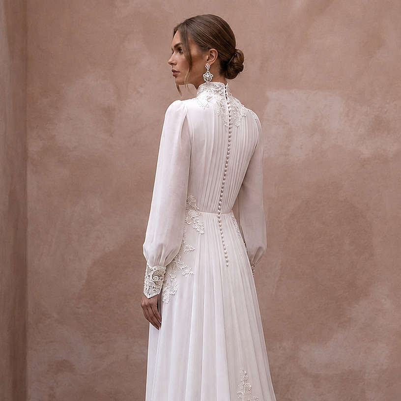 White wedding dress back view with high neckline, buttoned lace trim and long sleeves