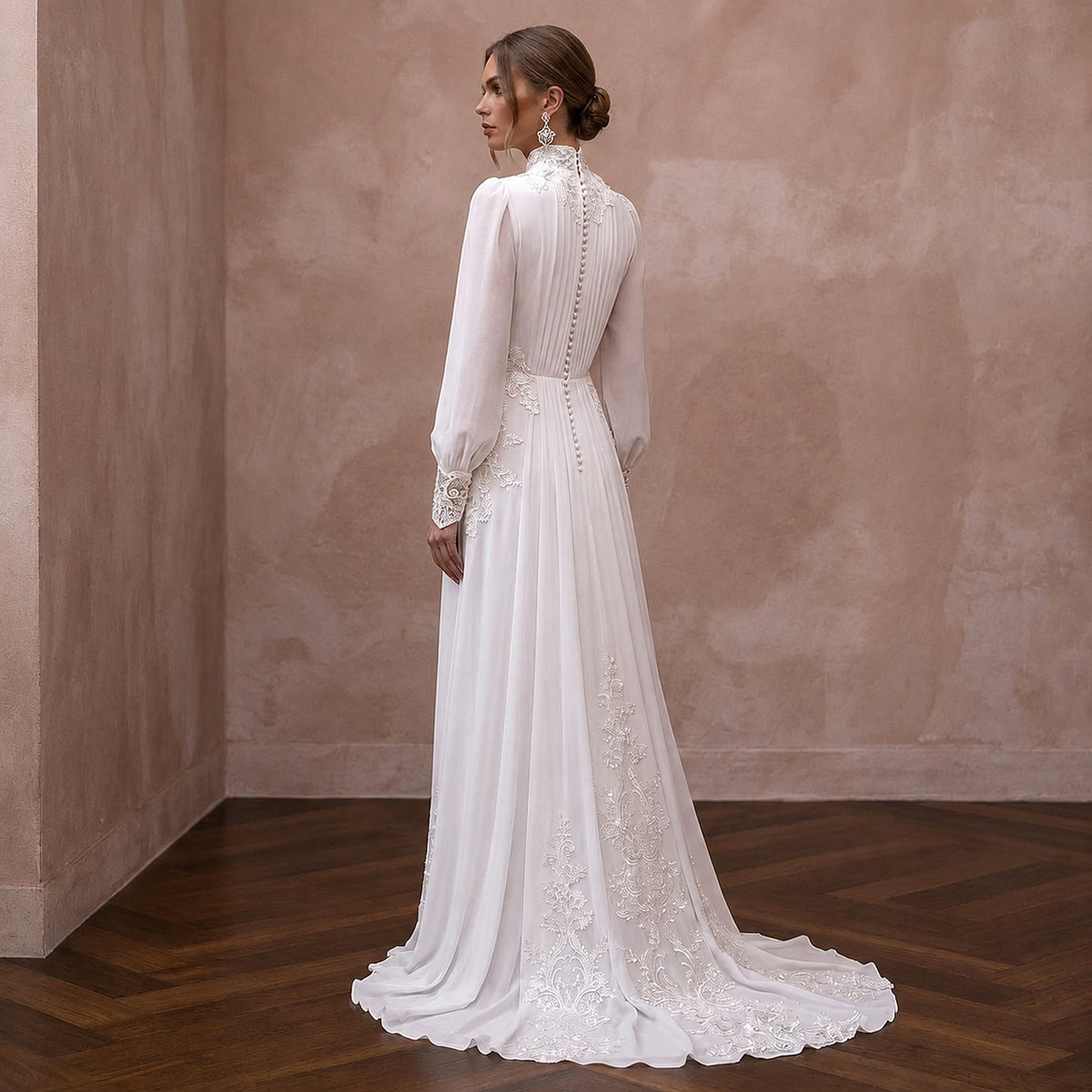 White chiffon wedding dress with high neck and long sleeves, lace-trimmed back