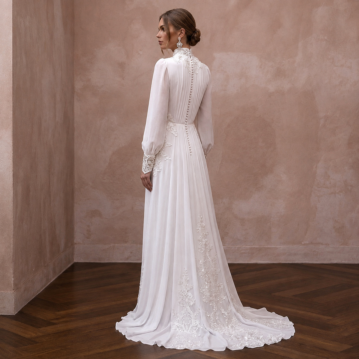 White chiffon wedding dress with high neck and long sleeves, lace-trimmed back