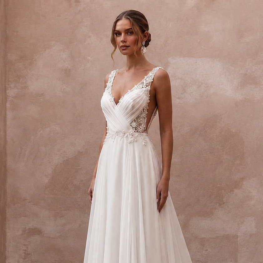 Elegant Chiffon Open Back Wedding Dress with A-Line Silhouette