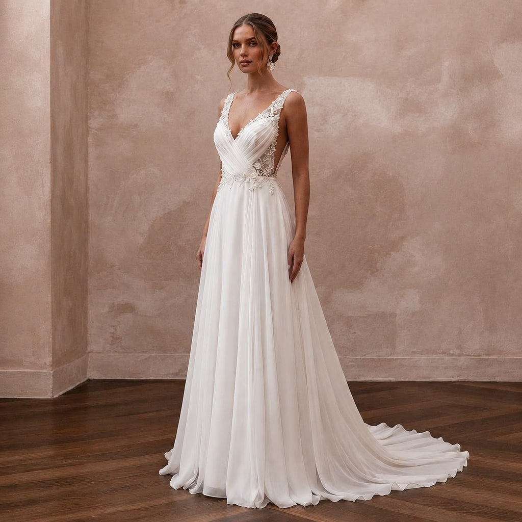 Elegant Chiffon Open Back Wedding Dress with A-Line Silhouette