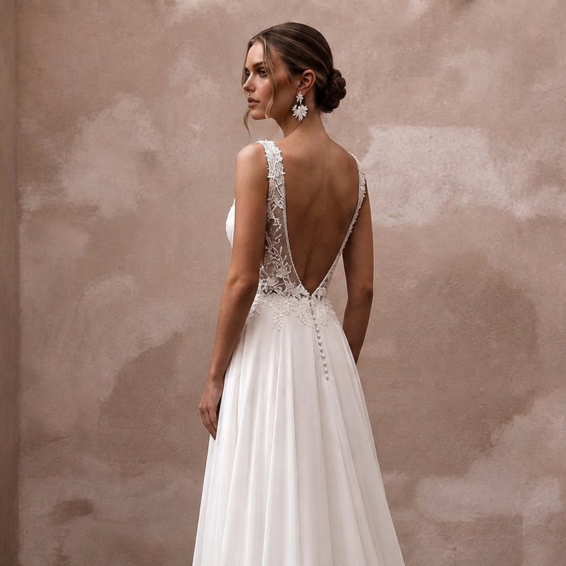 Elegant Chiffon Open Back Wedding Dress with A-Line Silhouette