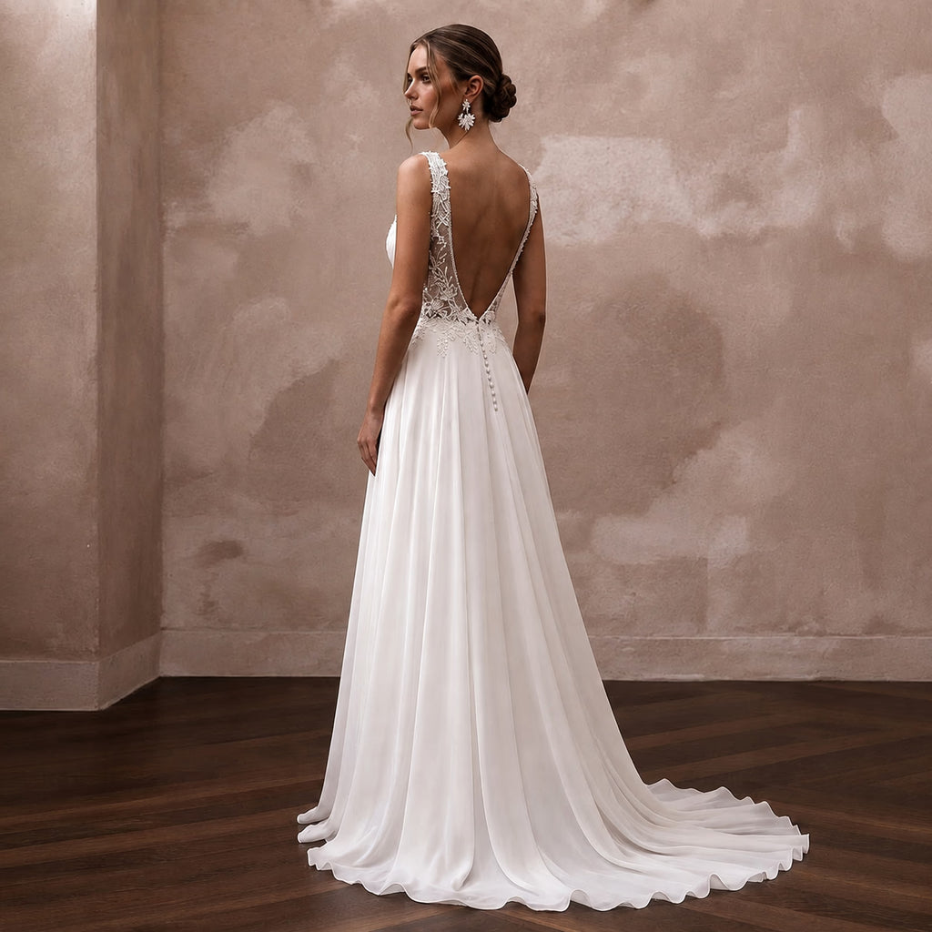 Elegant Chiffon Open Back Wedding Dress with A-Line Silhouette