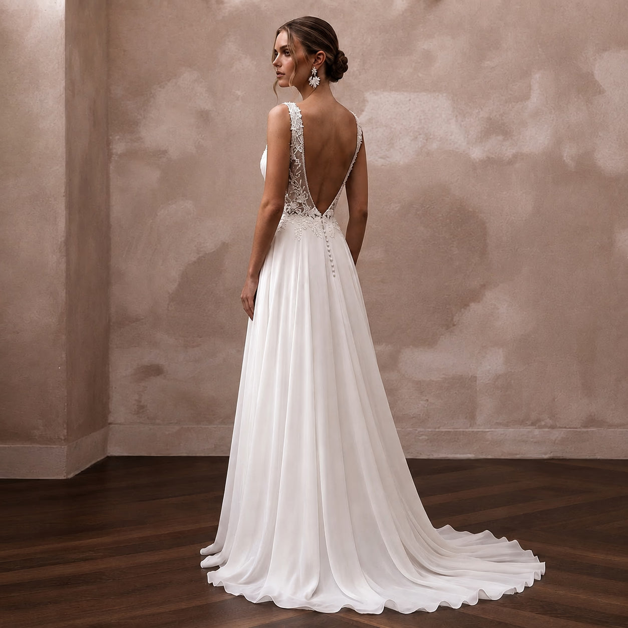 Elegant Chiffon Open Back Wedding Dress with A-Line Silhouette