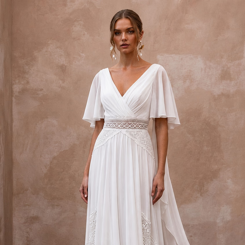 Elegant Chiffon Sheath Wedding Dress for a Beach Wedding - Apparel & Accessories > Clothing > Wedding & Bridal Party Dresses > Wedding Dresses - Mignonette Bridal