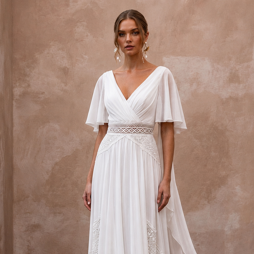 Elegant Chiffon Sheath Wedding Dress for a Beach Wedding - Apparel & Accessories > Clothing > Wedding & Bridal Party Dresses > Wedding Dresses - Mignonette Bridal