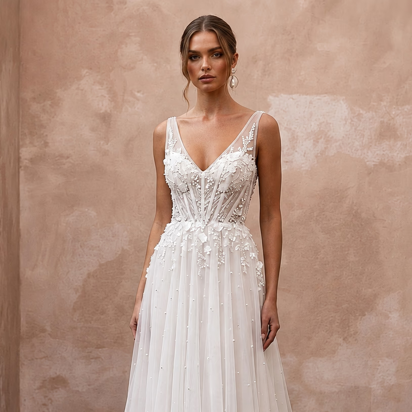 Elegant Chiffon Wedding Dress with V-Neck and A-Line Silhouette