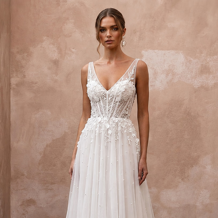 Elegant Chiffon Wedding Dress with V-Neck and A-Line Silhouette