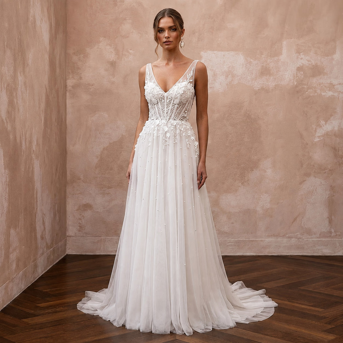 Elegant Chiffon Wedding Dress with V - Neck and A - Line Silhouette - Apparel & Accessories > Clothing > Wedding & Bridal Party Dresses > Wedding Dresses - Mignonette Bridal Main image