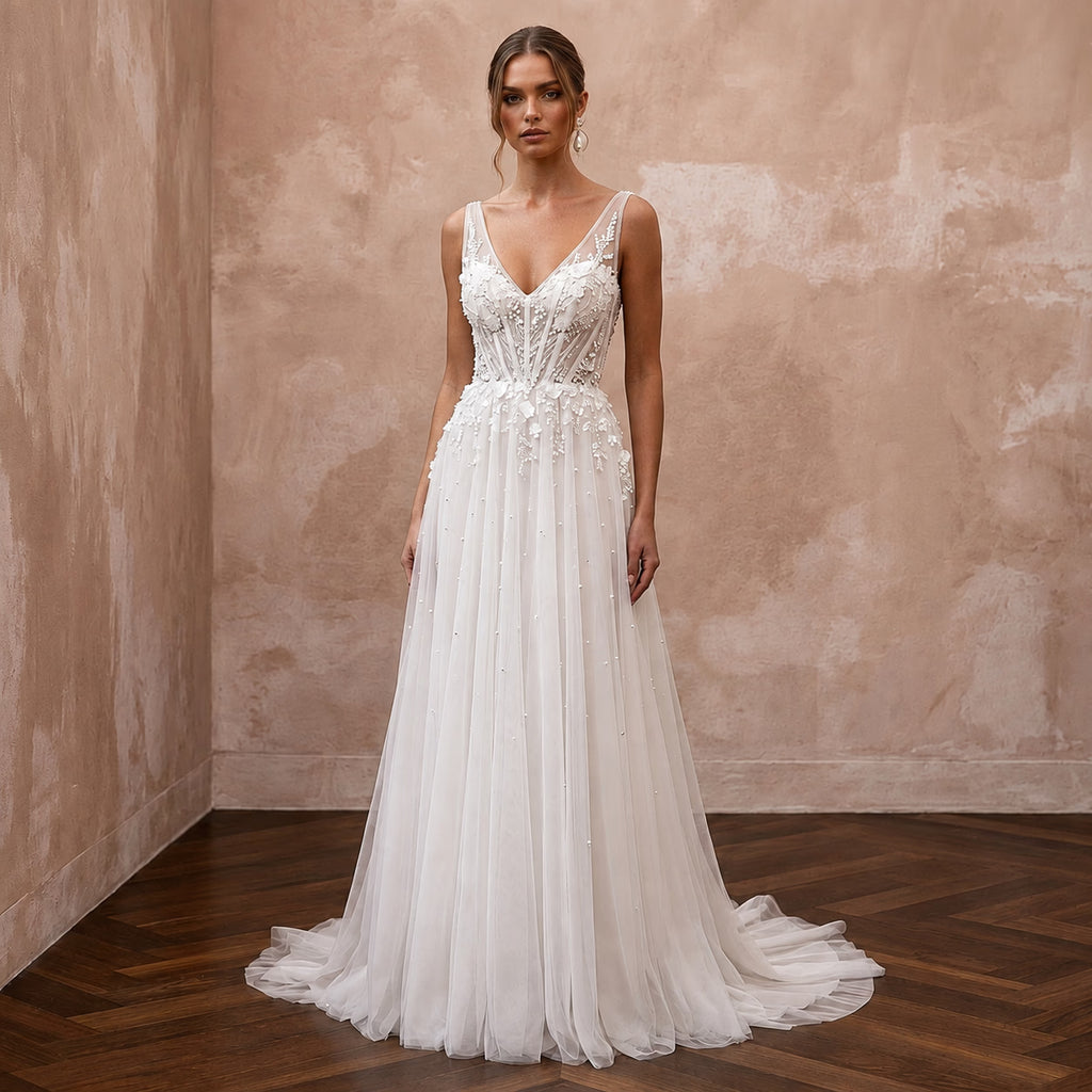 Elegant Chiffon Wedding Dress with V-Neck and A-Line Silhouette