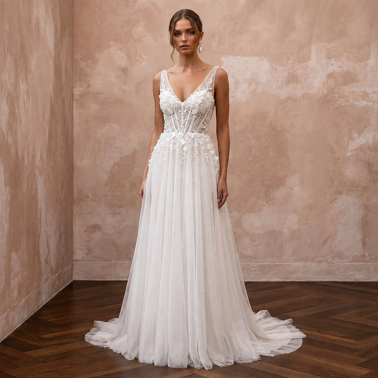 Elegant Chiffon Wedding Dress with V-Neck and A-Line Silhouette