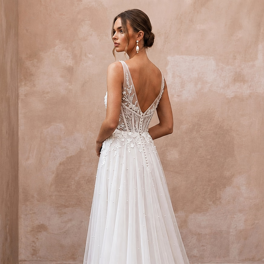Elegant Chiffon Wedding Dress with V-Neck and A-Line Silhouette
