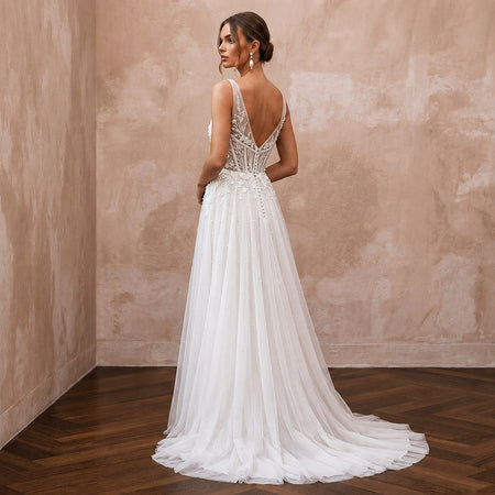 Elegant Chiffon Wedding Dress with V-Neck and A-Line Silhouette