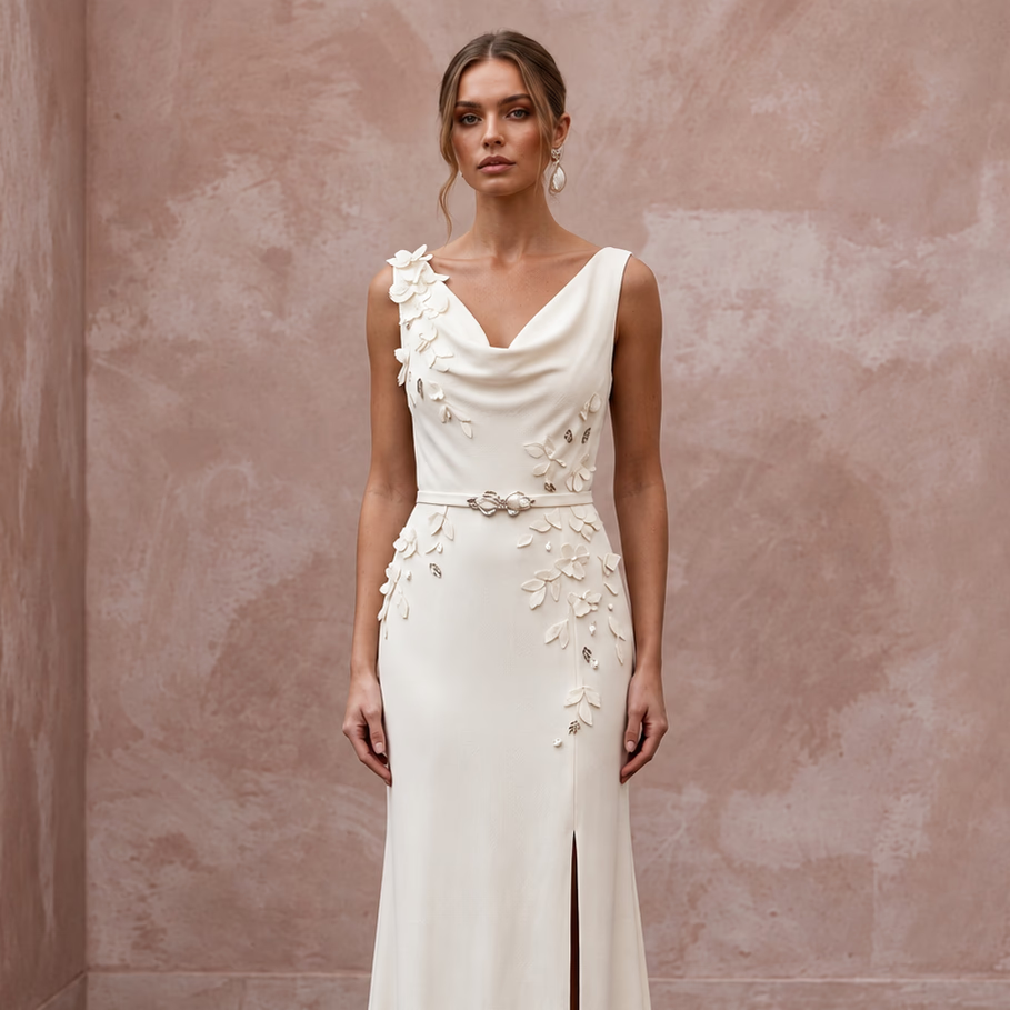 Elegant Cream Crepe de Chine Sheath Wedding Dress for Post-Wedding Brunch