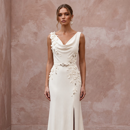 Elegant Cream Crepe de Chine Sheath Wedding Dress for Post-Wedding Brunch