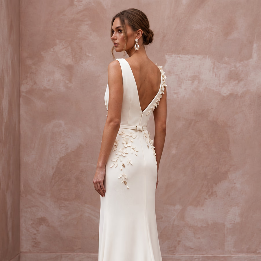 Elegant Cream Crepe de Chine Sheath Wedding Dress for Post-Wedding Brunch