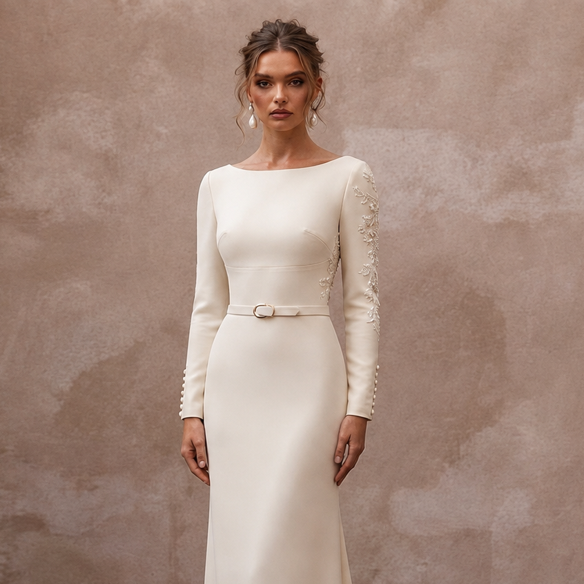 Elegant Cream Crepe de Chine Sheath for Post-Wedding Brunch