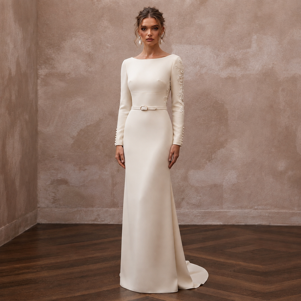 Elegant Cream Crepe de Chine Sheath for Post-Wedding Brunch