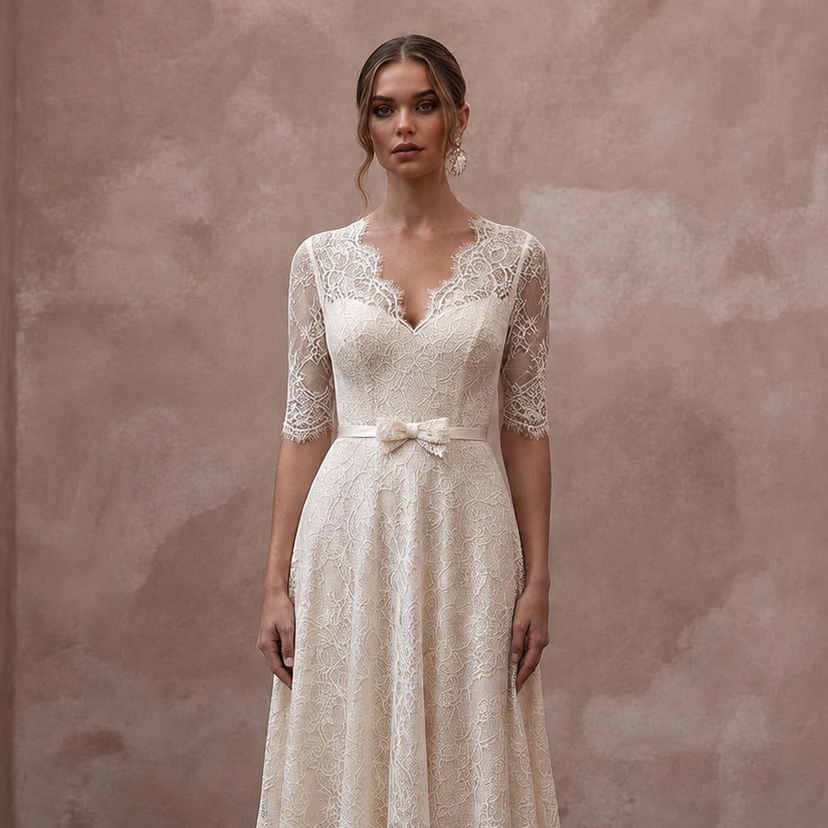 Elegant Cream Lace A - Line Wedding Dress for Post - Wedding Brunch - Apparel & Accessories > Clothing > Wedding & Bridal Party Dresses > Wedding Dresses - Mignonette Bridal