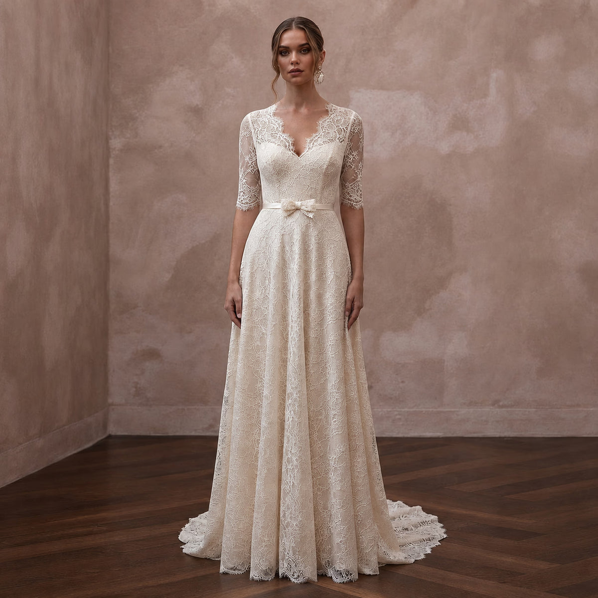 Elegant Cream Lace A - Line Wedding Dress for Post - Wedding Brunch - Apparel & Accessories > Clothing > Wedding & Bridal Party Dresses > Wedding Dresses - Mignonette Bridal Main image