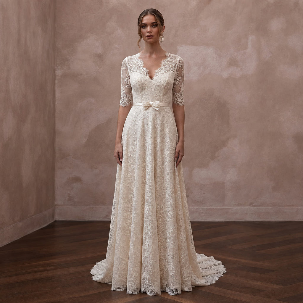 Elegant Cream Lace A - Line Wedding Dress for Post - Wedding Brunch - Apparel & Accessories > Clothing > Wedding & Bridal Party Dresses > Wedding Dresses - Mignonette Bridal