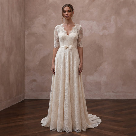 Elegant Cream Lace A - Line Wedding Dress for Post - Wedding Brunch - Apparel & Accessories > Clothing > Wedding & Bridal Party Dresses > Wedding Dresses - Mignonette Bridal
