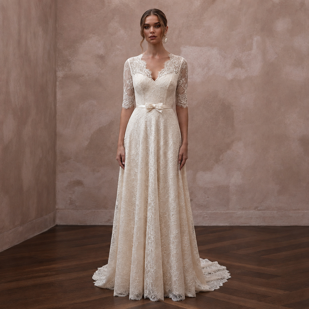 Elegant Cream Lace A-Line Wedding Dress for Post-Wedding Brunch
