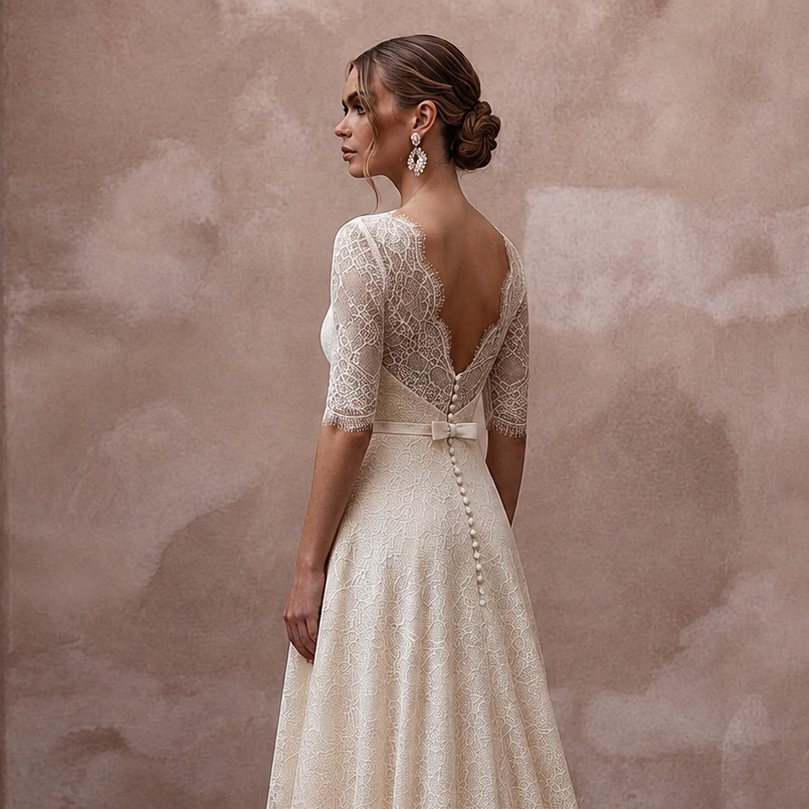 Elegant Cream Lace A - Line Wedding Dress for Post - Wedding Brunch - Apparel & Accessories > Clothing > Wedding & Bridal Party Dresses > Wedding Dresses - Mignonette Bridal