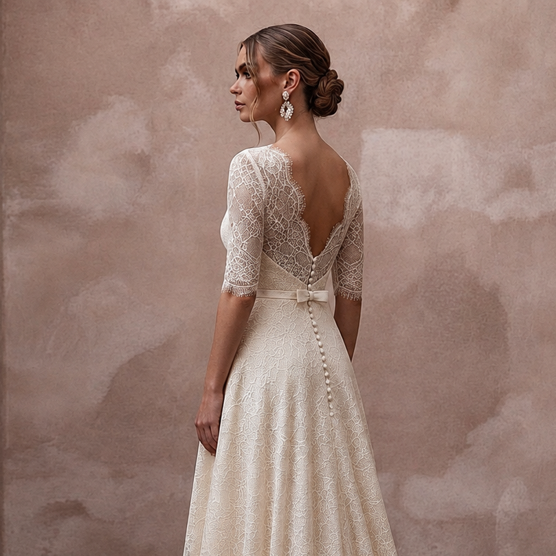 Elegant Cream Lace A-Line Wedding Dress for Post-Wedding Brunch