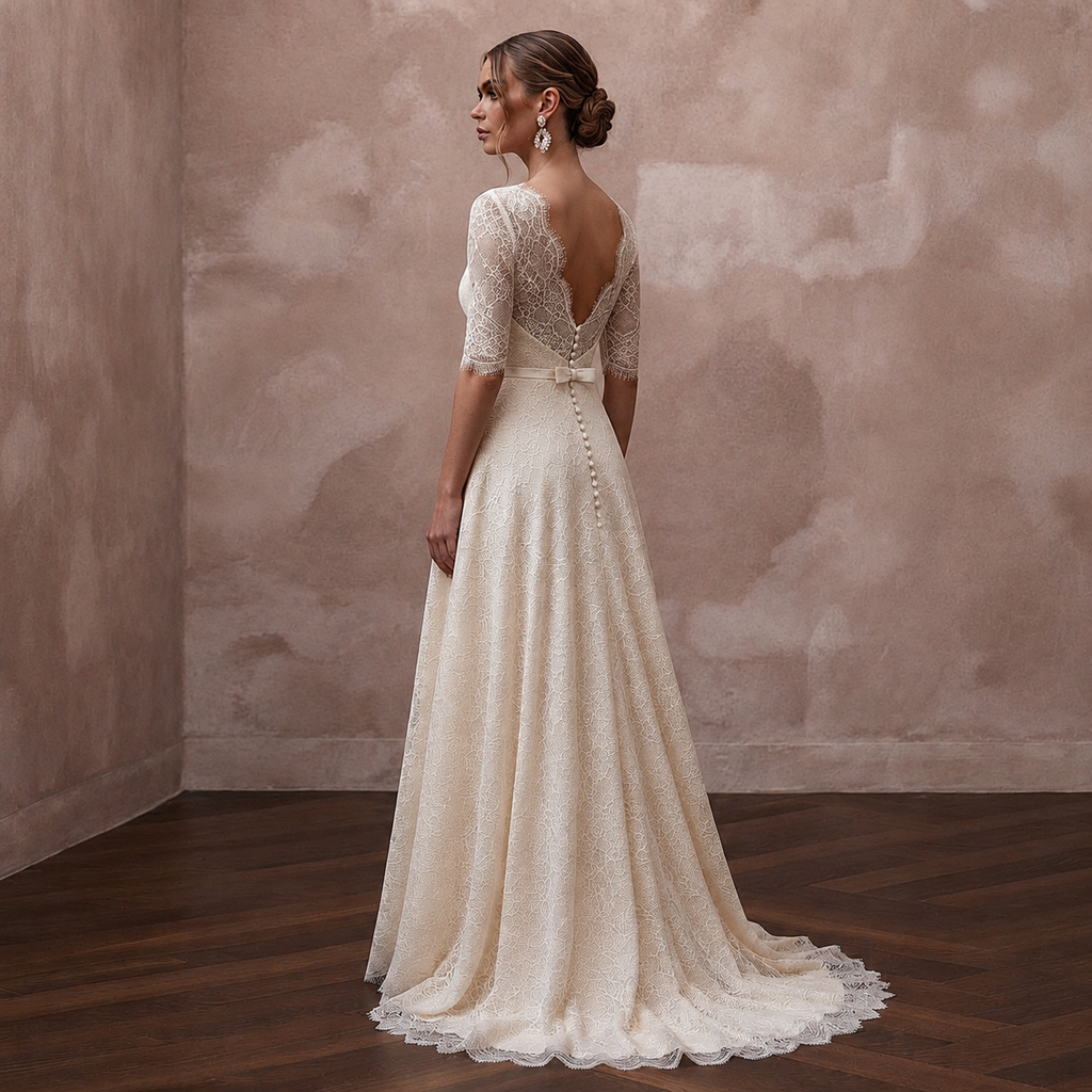 Elegant Cream Lace A-Line Wedding Dress for Post-Wedding Brunch