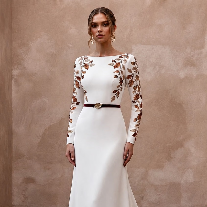 Elegant Crepe Bridal Gown for an Autumn Wedding