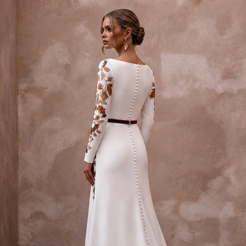 Elegant Crepe Bridal Gown for an Autumn Wedding