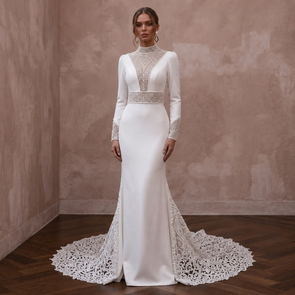 Elegant Crepe Mermaid Wedding Dress with Long Sleeves - Apparel & Accessories > Clothing > Wedding & Bridal Party Dresses > Wedding Dresses - Mignonette Bridal Main image