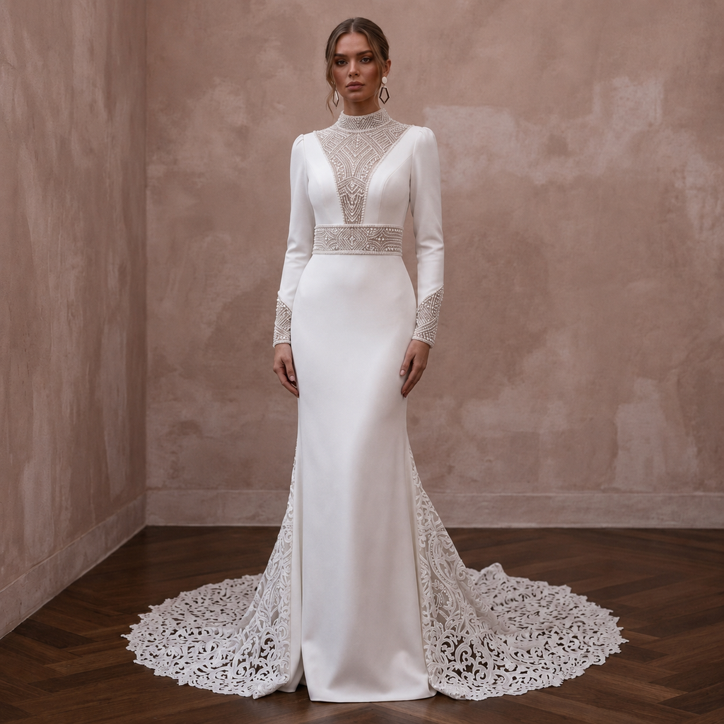 Elegant Crepe Mermaid Wedding Dress with Long Sleeves