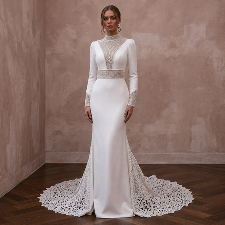 Elegant Crepe Mermaid Wedding Dress with Long Sleeves