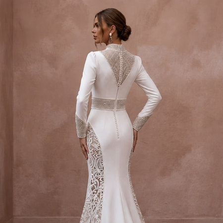 Elegant Crepe Mermaid Wedding Dress with Long Sleeves - Apparel & Accessories > Clothing > Wedding & Bridal Party Dresses > Wedding Dresses - Mignonette Bridal