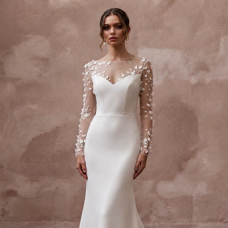 Elegant Crepe Trumpet Wedding Dress with Long Sleeves - Apparel & Accessories > Clothing > Wedding & Bridal Party Dresses > Wedding Dresses - Mignonette Bridal