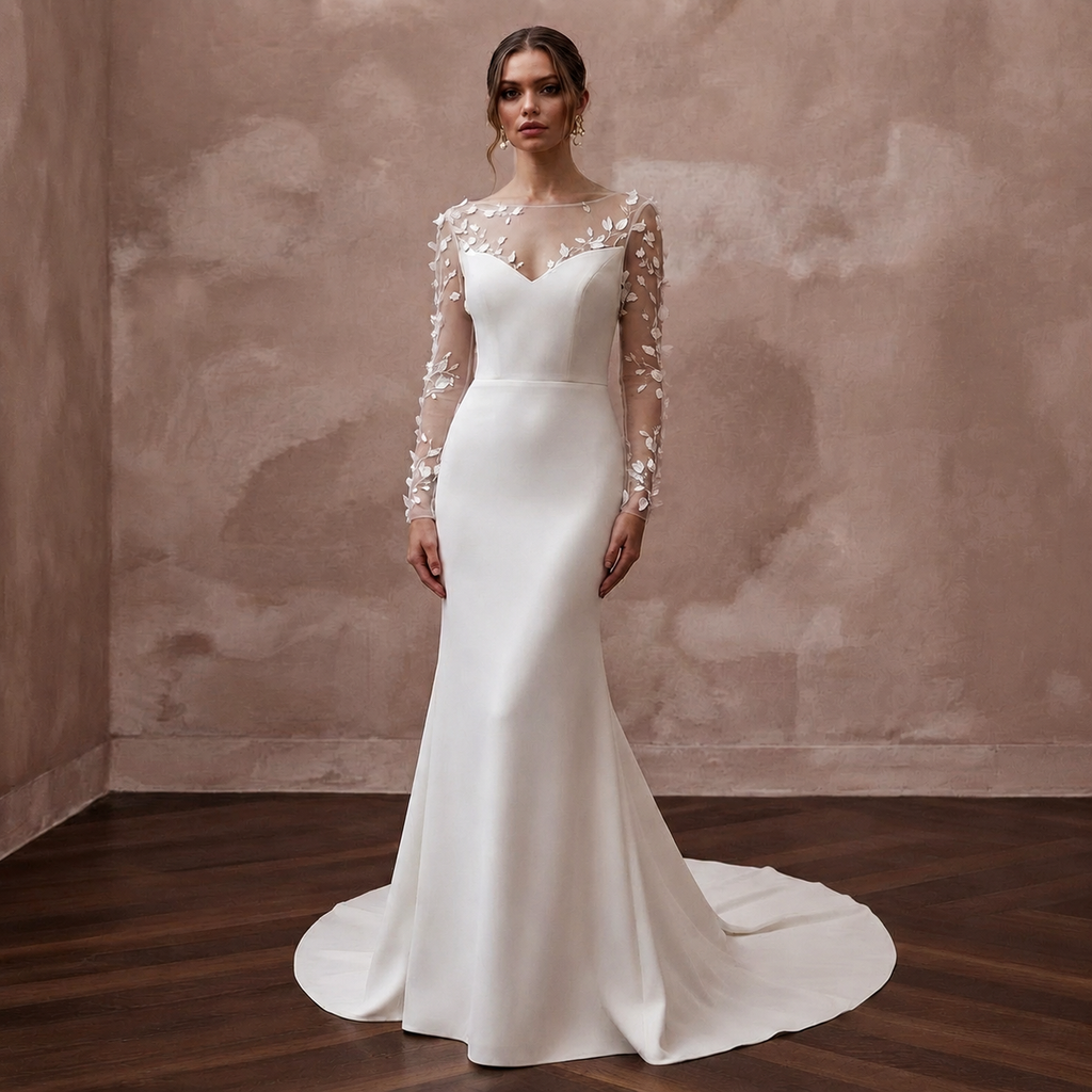 Elegant Crepe Trumpet Wedding Dress with Long Sleeves - Apparel & Accessories > Clothing > Wedding & Bridal Party Dresses > Wedding Dresses - Mignonette Bridal