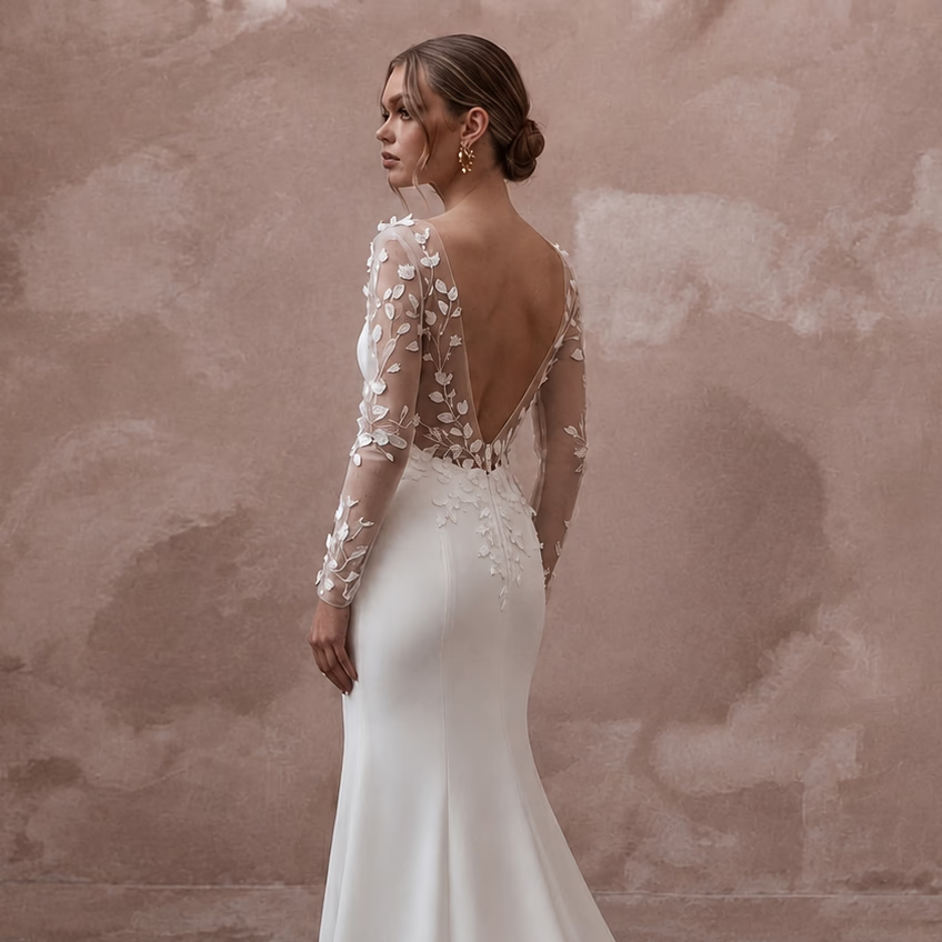 Elegant Crepe Trumpet Wedding Dress with Long Sleeves - Apparel & Accessories > Clothing > Wedding & Bridal Party Dresses > Wedding Dresses - Mignonette Bridal